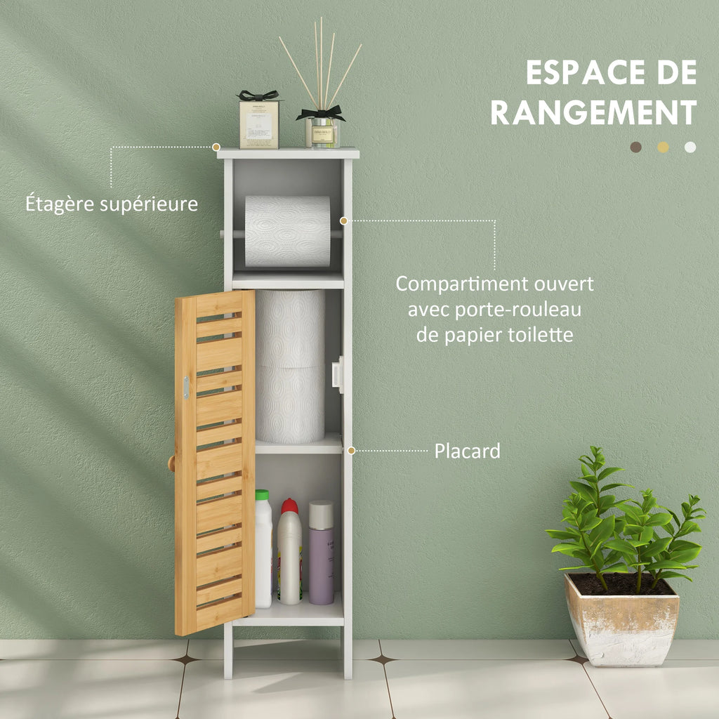 Meuble De Salle De Bain Avec Support Papier Toilette Barre Amovible 3 Niveaux + Sortie Papier, 78H Cm, Bambou Blanc
