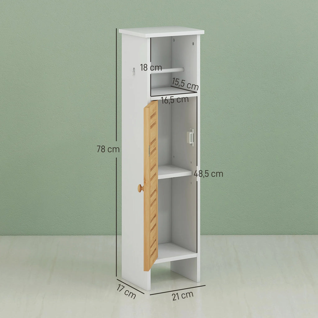 Meuble De Salle De Bain Avec Support Papier Toilette Barre Amovible 3 Niveaux + Sortie Papier, 78H Cm, Bambou Blanc