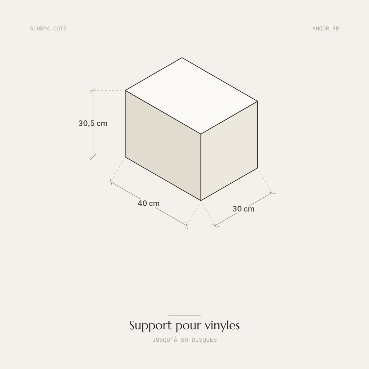 Schéma coté du support à vinyles : 40 cm de large, 30 cm de profondeur, 30,5 cm de haut, jusqu'à 80 disques