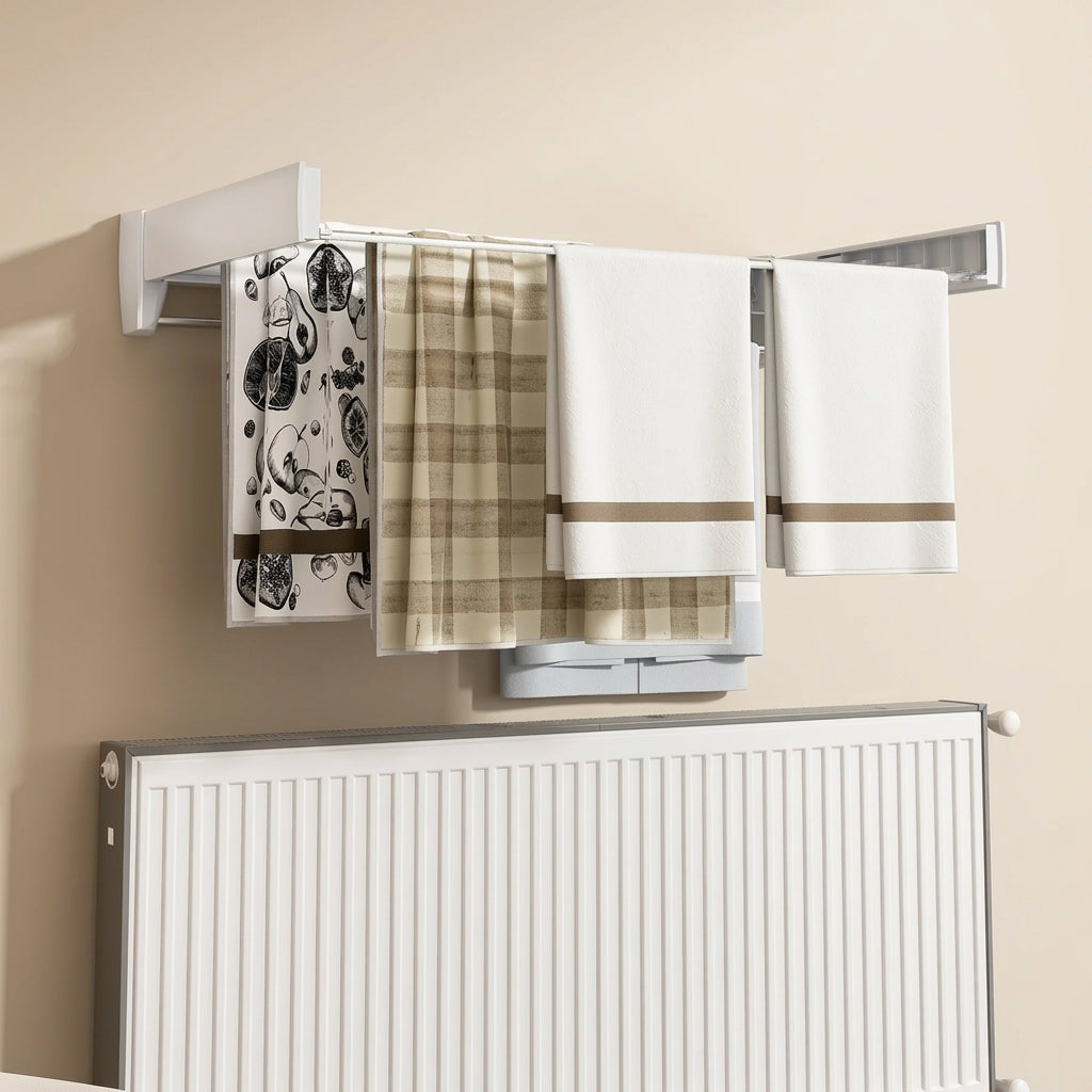 Au-dessus d'un radiateur, torchons et serviettes de toilette pliés sur les tiges du séchoir