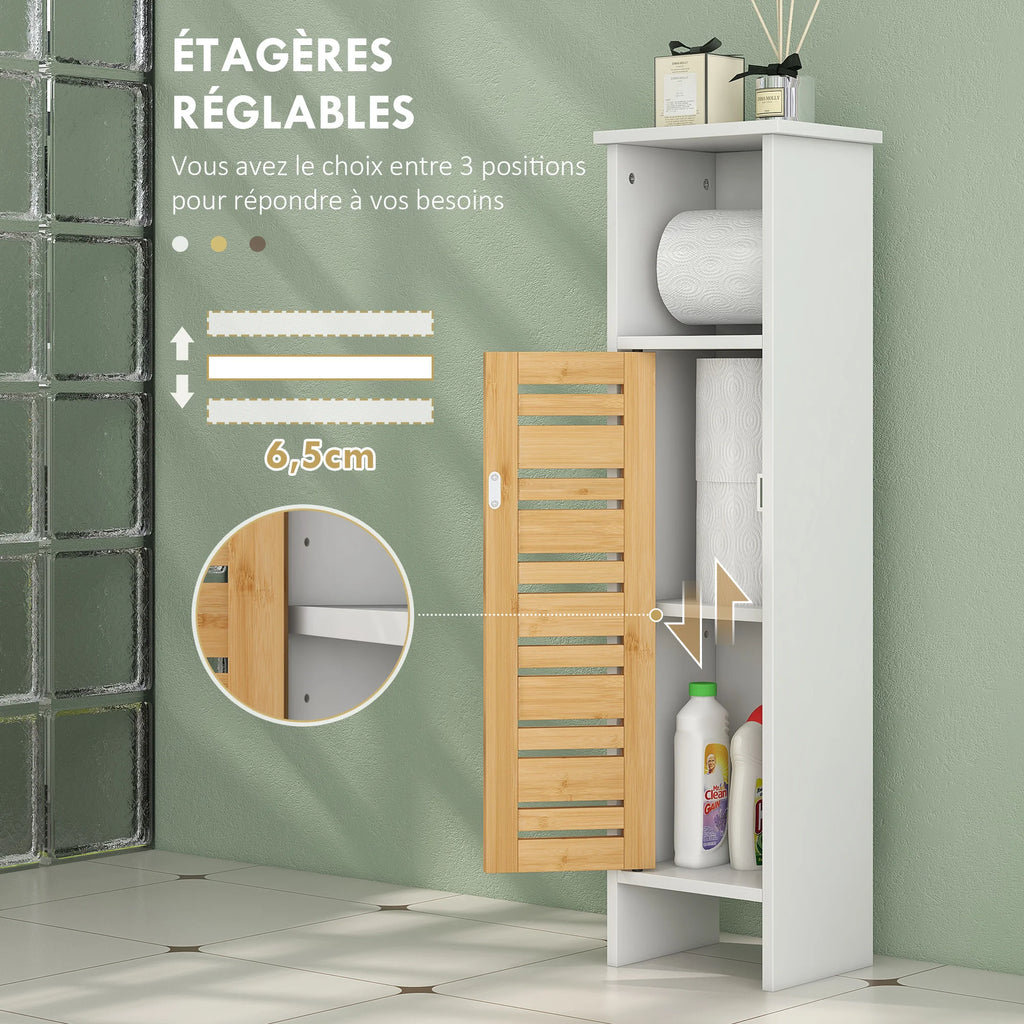 Meuble De Salle De Bain Avec Support Papier Toilette Barre Amovible 3 Niveaux + Sortie Papier, 78H Cm, Bambou Blanc