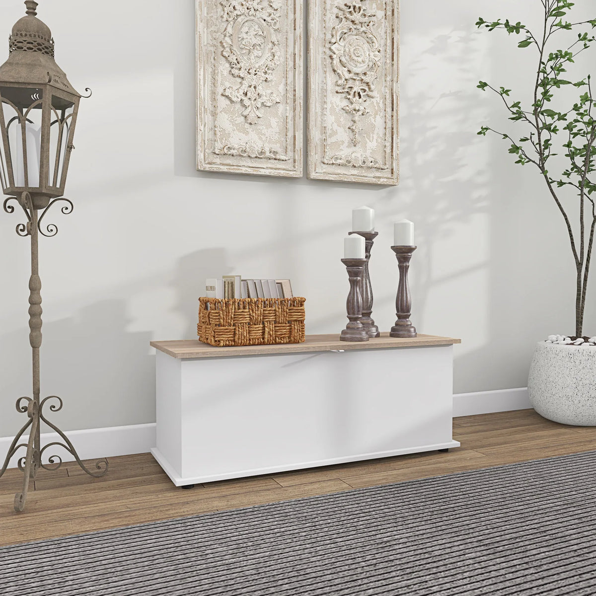Storage Chest with Lid Max. Load 120 Kg for Bedroom Living Room 100X40X40 Cm Natural and White
