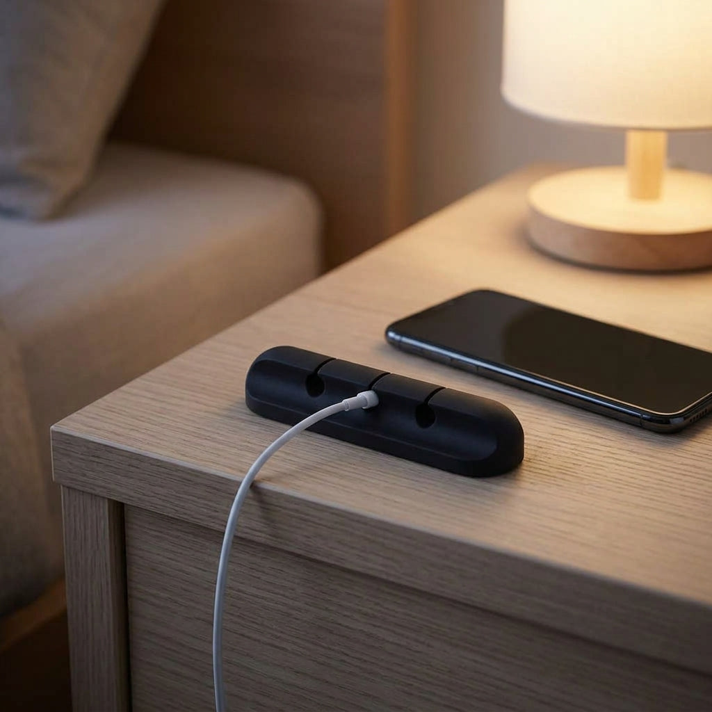 Sur une table de nuit, l'organisateur noir retient le câble de charge à côté du téléphone et de la lampe