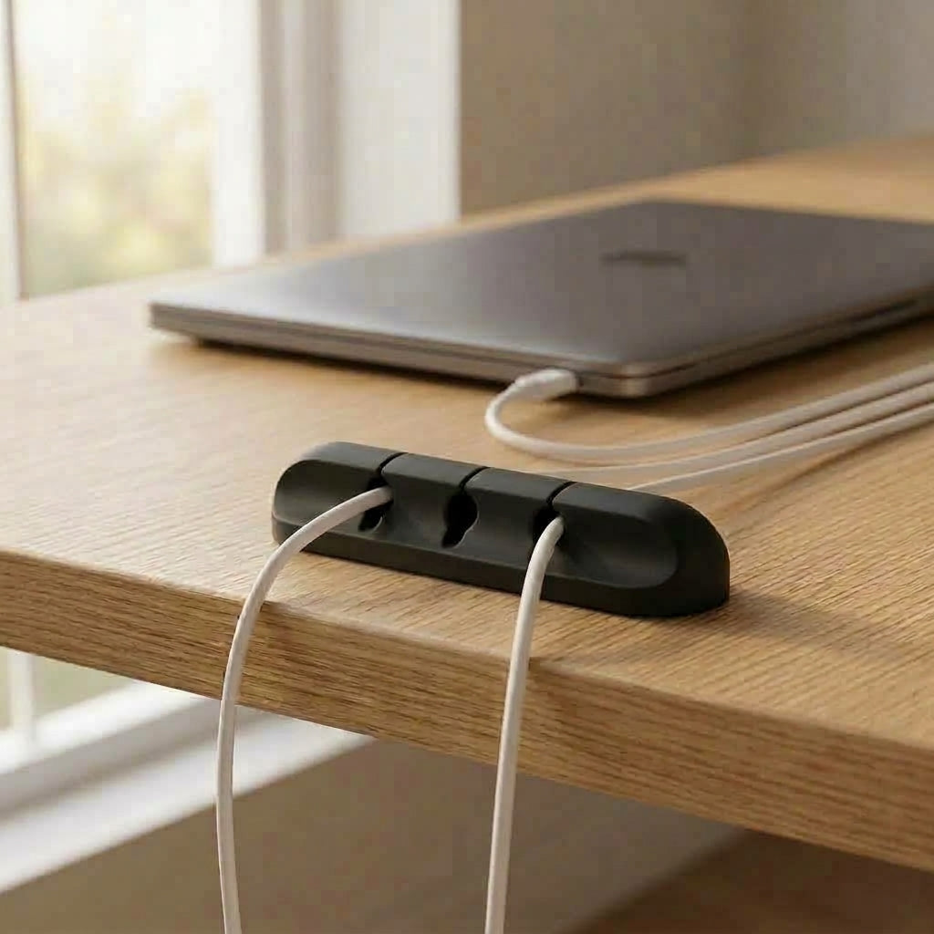 Au bord d'un bureau, l'organisateur noir retient les deux câbles d'un ordinateur portable qui ne glissent plus au sol