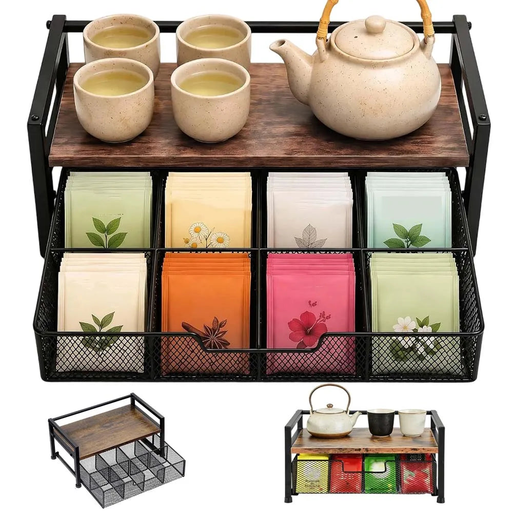 Wood Grain Tea Bag Storage Organizer with Top Tray and 8 Compartments, Wooden and Metal Tea Caddy Drawer for Kitchen Countertop, Tea Station, Coffee Bar