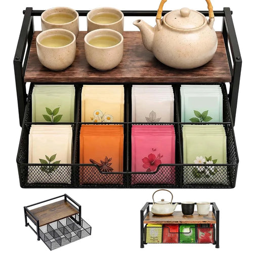 Wood Grain Tea Bag Storage Organizer with Top Tray and 8 Compartments, Wooden and Metal Tea Caddy Drawer for Kitchen Countertop, Tea Station, Coffee Bar