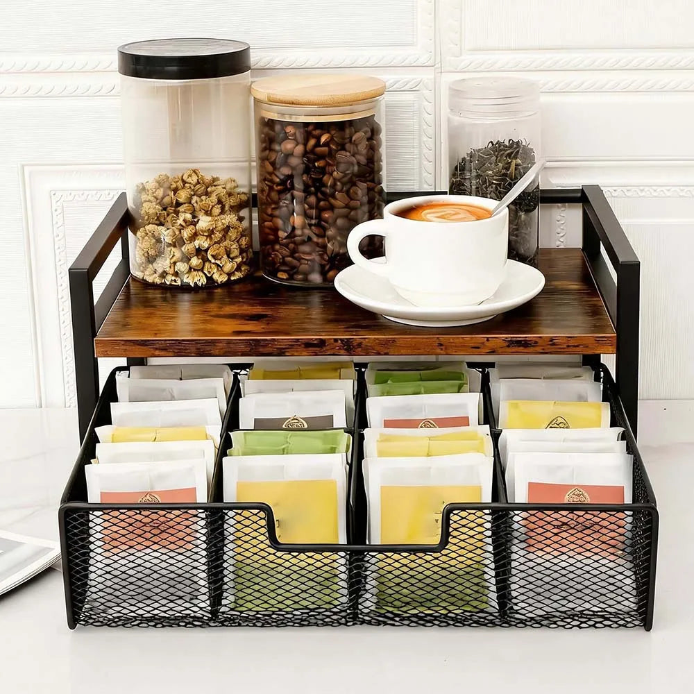 Wood Grain Tea Bag Storage Organizer with Top Tray and 8 Compartments, Wooden and Metal Tea Caddy Drawer for Kitchen Countertop, Tea Station, Coffee Bar