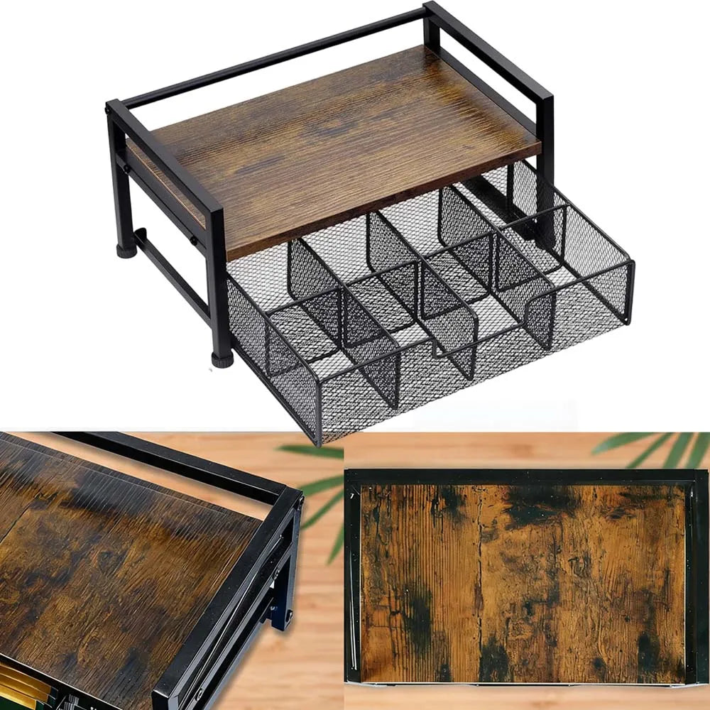 Wood Grain Tea Bag Storage Organizer with Top Tray and 8 Compartments, Wooden and Metal Tea Caddy Drawer for Kitchen Countertop, Tea Station, Coffee Bar