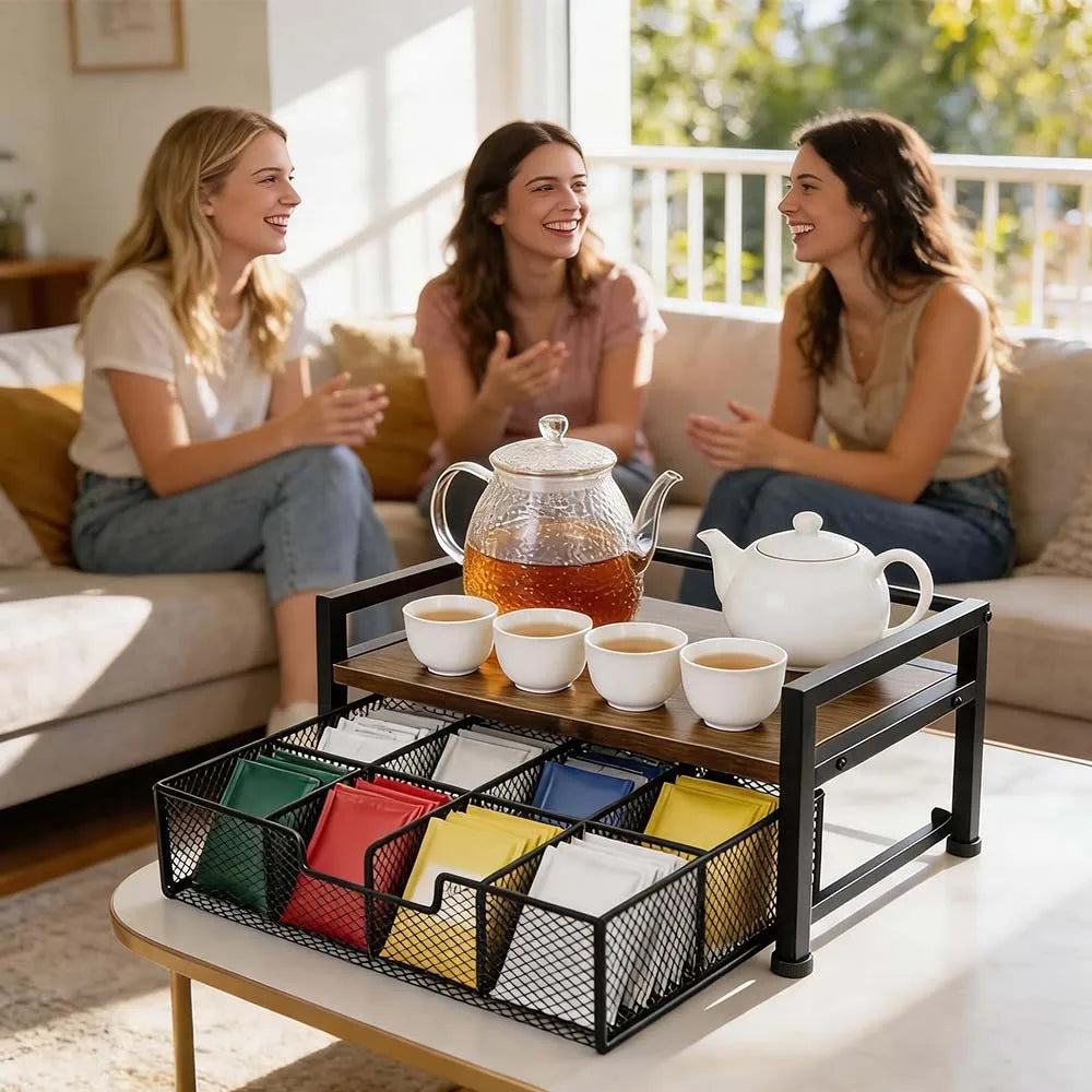 Wood Grain Tea Bag Storage Organizer with Top Tray and 8 Compartments, Wooden and Metal Tea Caddy Drawer for Kitchen Countertop, Tea Station, Coffee Bar