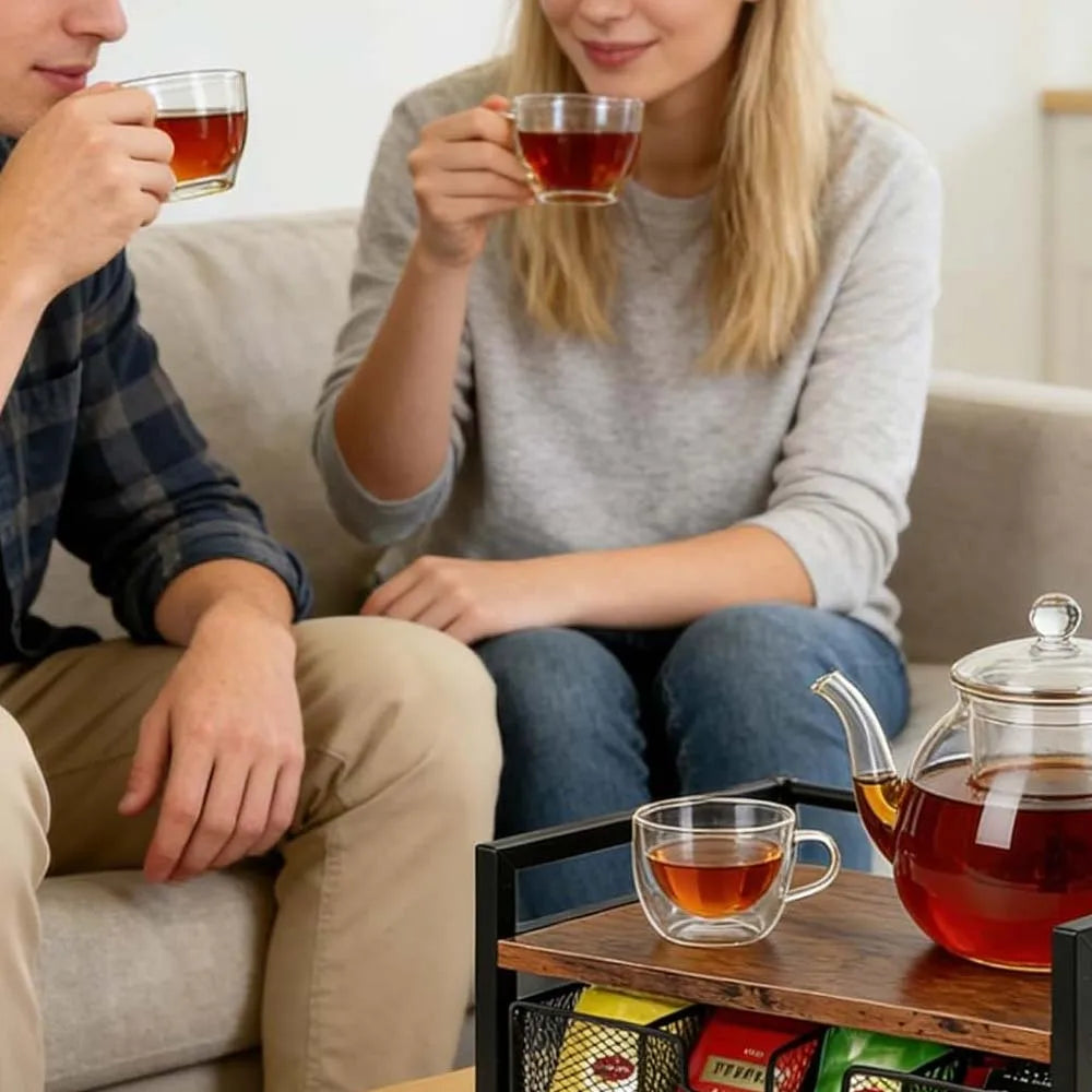 Wood Grain Tea Bag Storage Organizer with Top Tray and 8 Compartments, Wooden and Metal Tea Caddy Drawer for Kitchen Countertop, Tea Station, Coffee Bar