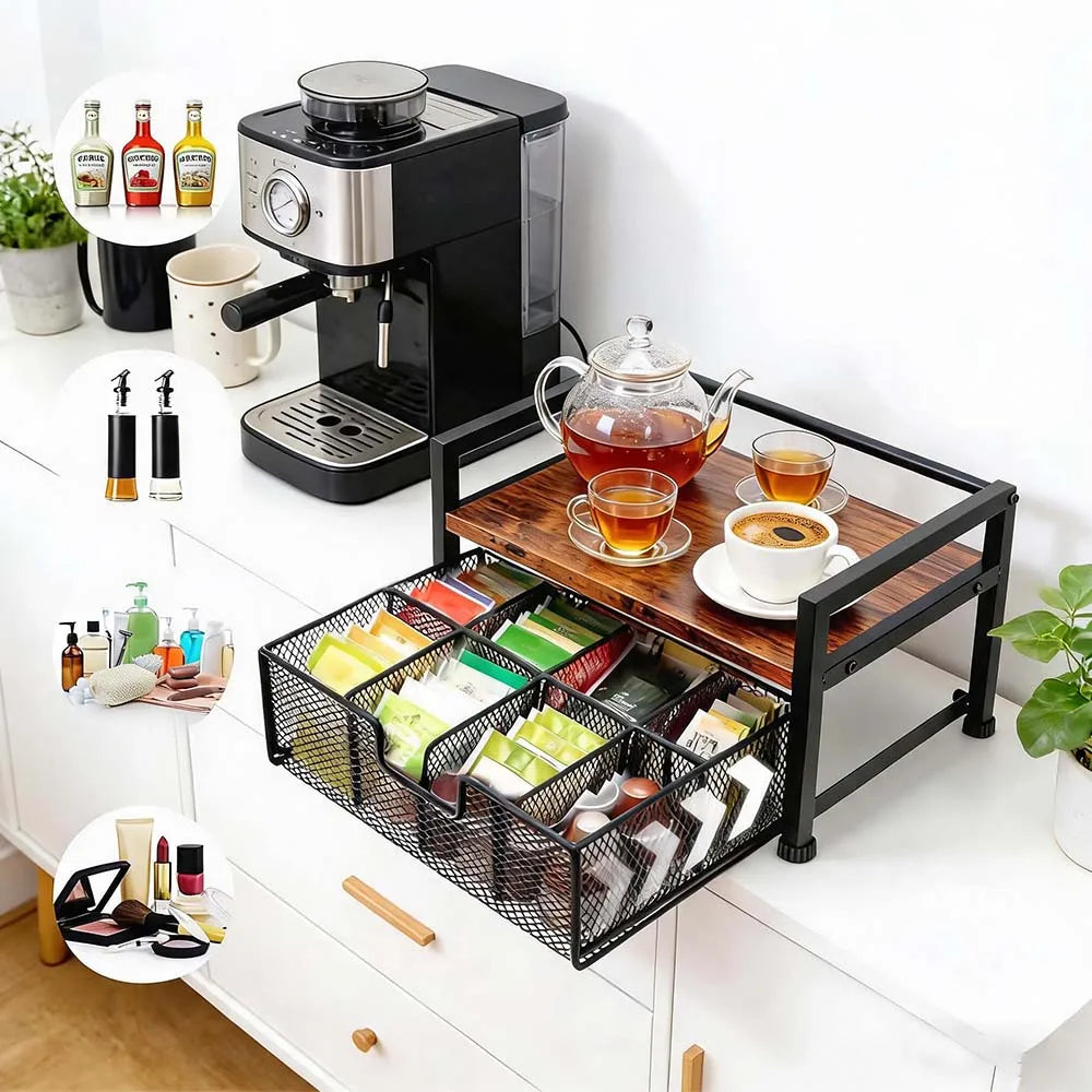 Wood Grain Tea Bag Storage Organizer with Top Tray and 8 Compartments, Wooden and Metal Tea Caddy Drawer for Kitchen Countertop, Tea Station, Coffee Bar