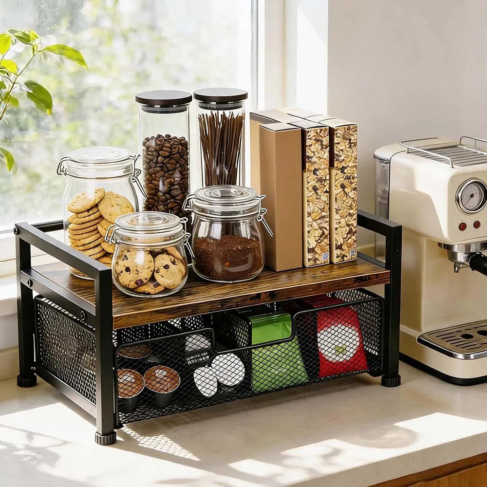 Wood Grain Tea Bag Storage Organizer with Top Tray and 8 Compartments, Wooden and Metal Tea Caddy Drawer for Kitchen Countertop, Tea Station, Coffee Bar