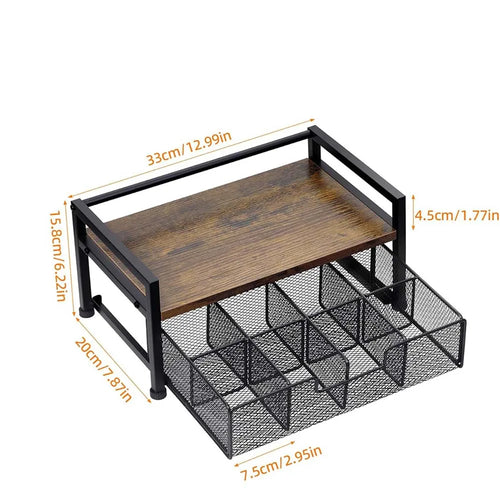 Wood Grain Tea Bag Storage Organizer with Top Tray and 8 Compartments, Wooden and Metal Tea Caddy Drawer for Kitchen Countertop, Tea Station, Coffee Bar
