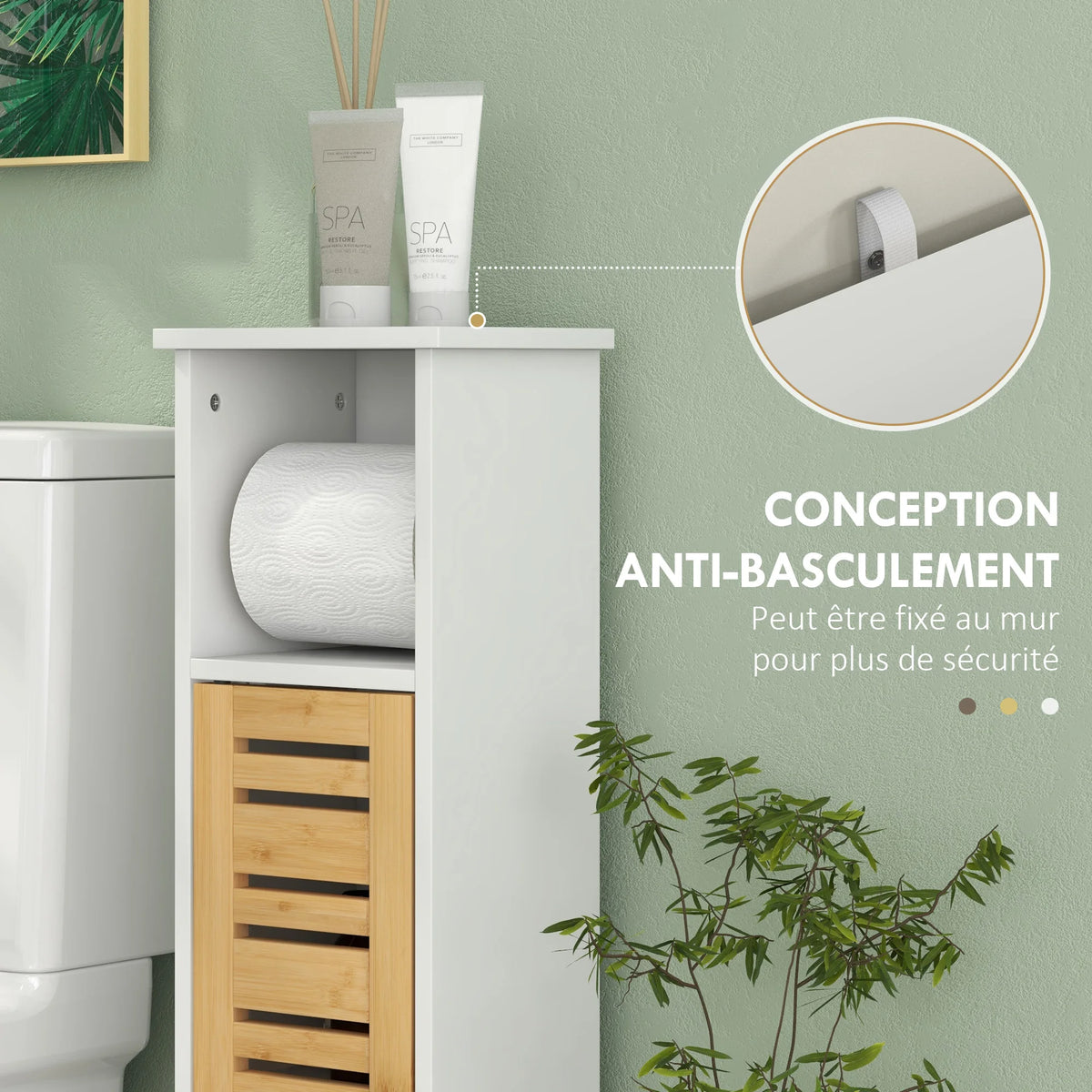 Meuble De Salle De Bain Avec Support Papier Toilette Barre Amovible 3 Niveaux + Sortie Papier, 78H Cm, Bambou Blanc