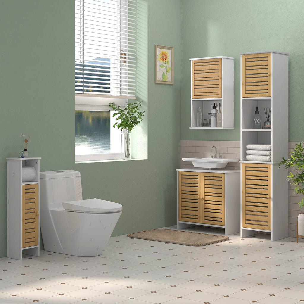 Meuble De Salle De Bain Avec Support Papier Toilette Barre Amovible 3 Niveaux + Sortie Papier, 78H Cm, Bambou Blanc