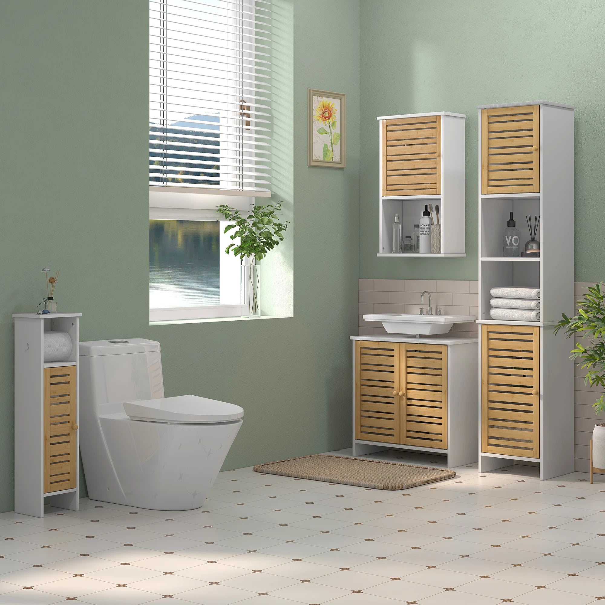 Meuble De Salle De Bain Avec Support Papier Toilette Barre Amovible 3 Niveaux + Sortie Papier, 78H Cm, Bambou Blanc