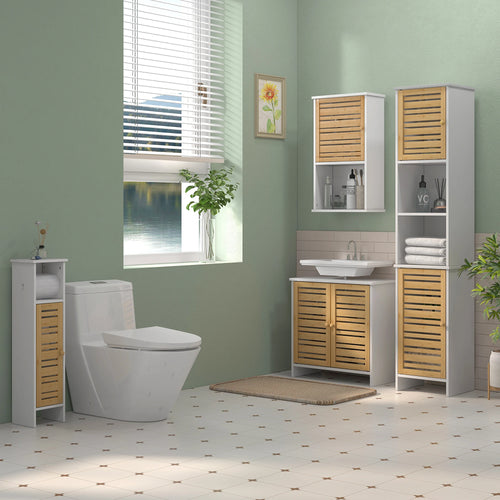 Meuble De Salle De Bain Avec Support Papier Toilette Barre Amovible 3 Niveaux + Sortie Papier, 78H Cm, Bambou Blanc