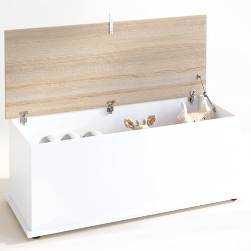 Banc coffre blanc à couvercle bois