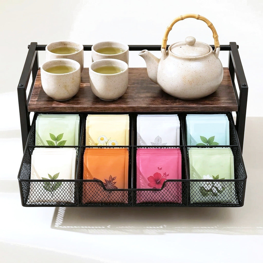 Boîte à thé en bois et métal, huit compartiments