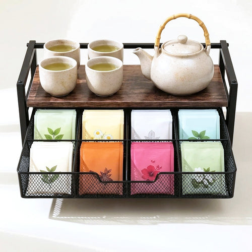 Boîte à thé en bois et métal, huit compartiments