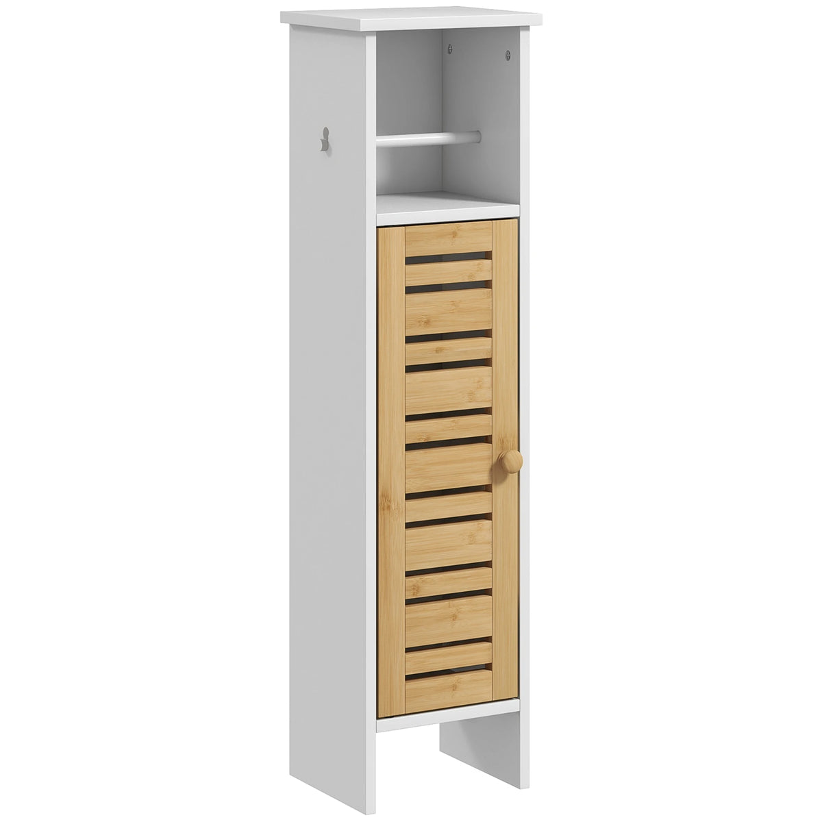 Meuble De Salle De Bain Avec Support Papier Toilette Barre Amovible 3 Niveaux + Sortie Papier, 78H Cm, Bambou Blanc
