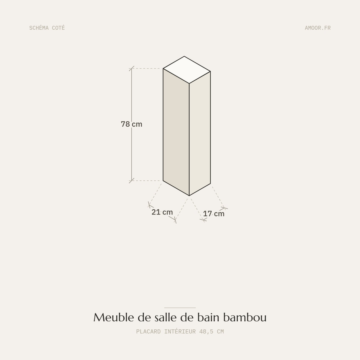 Schéma coté du meuble de salle de bain en bambou : 21 cm de large, 17 cm de profondeur, 78 cm de haut, placard intérieur de 48,5 cm