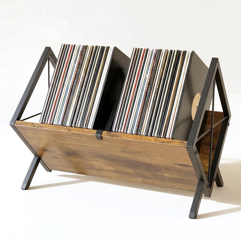 Support à vinyles vu de trois quarts, deux rangées de pochettes maintenues droites entre les montants métalliques