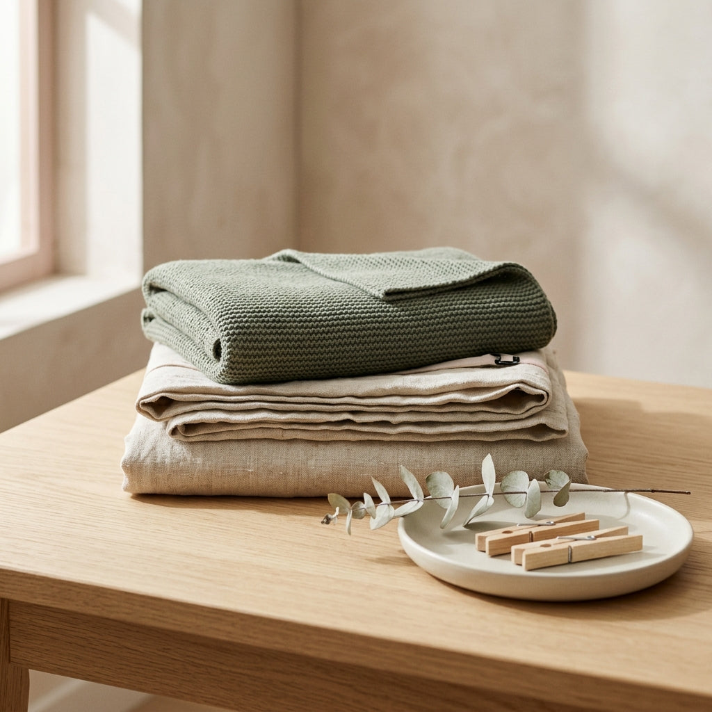 Portant en bois et linge plié, lumière naturelle
